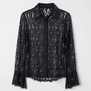 Laurence Kazar Beaded Lacey Sheer Blouse with Shimmery Beaded Blouse